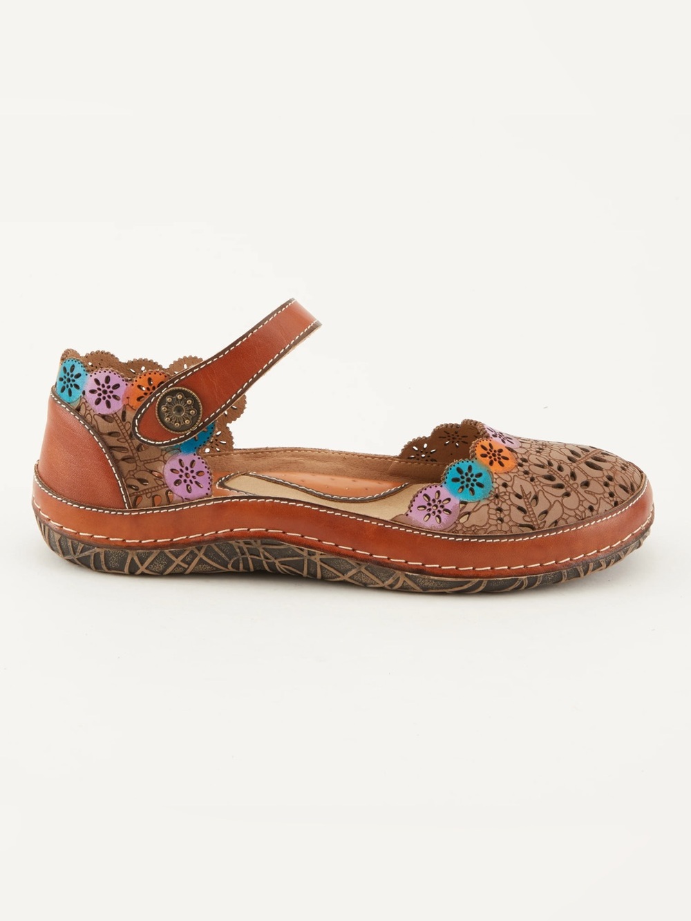 Spring Step L'Artiste Leather Floral Mary Jane Flats Brown Boho 8.5 US 39 Shoes